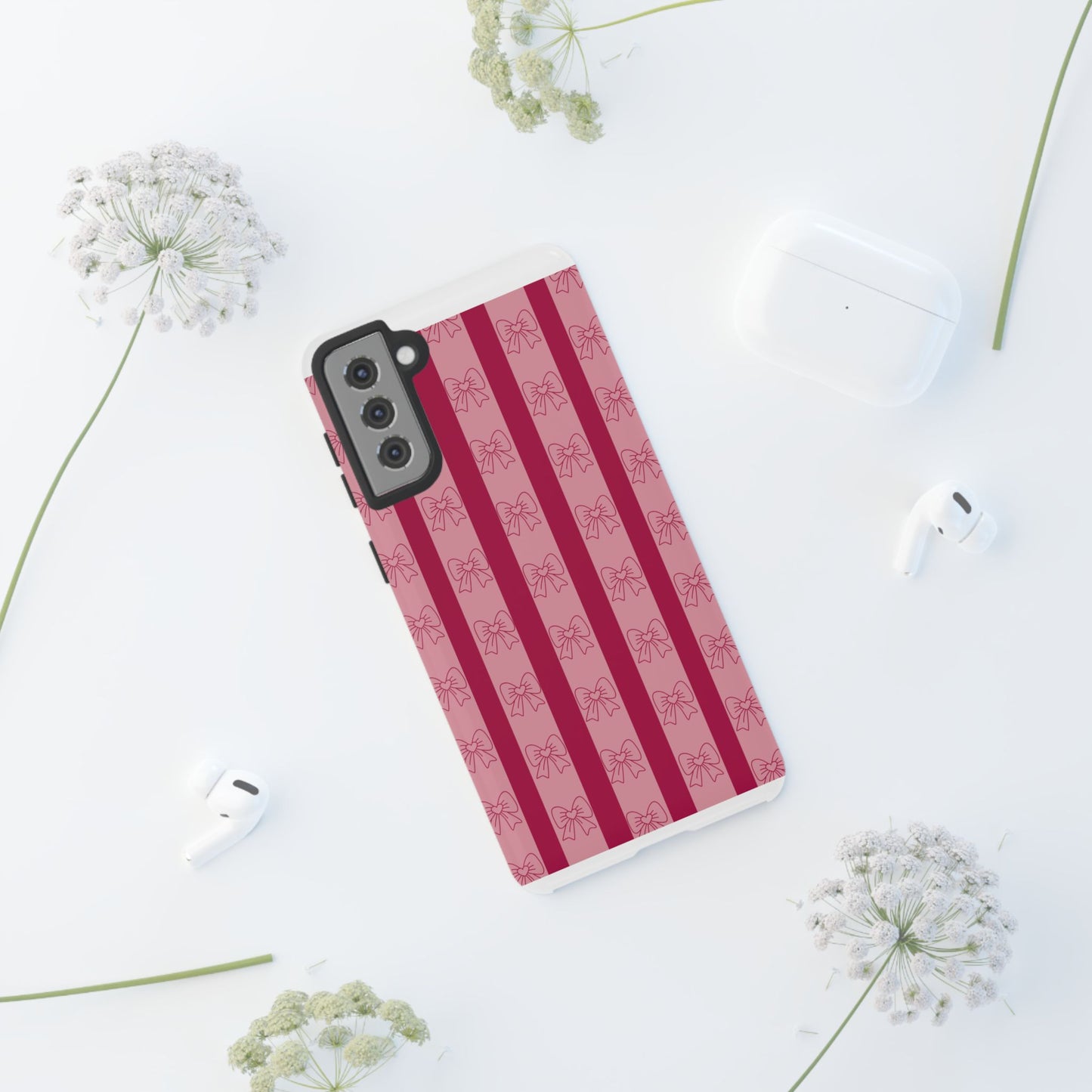 Cute Bow Phone Case, Tough Phone Cases for Girls, Pink Striped Phone Cover, Gift for Her, Trendy Mobile Accessory, Bow Pattern Case