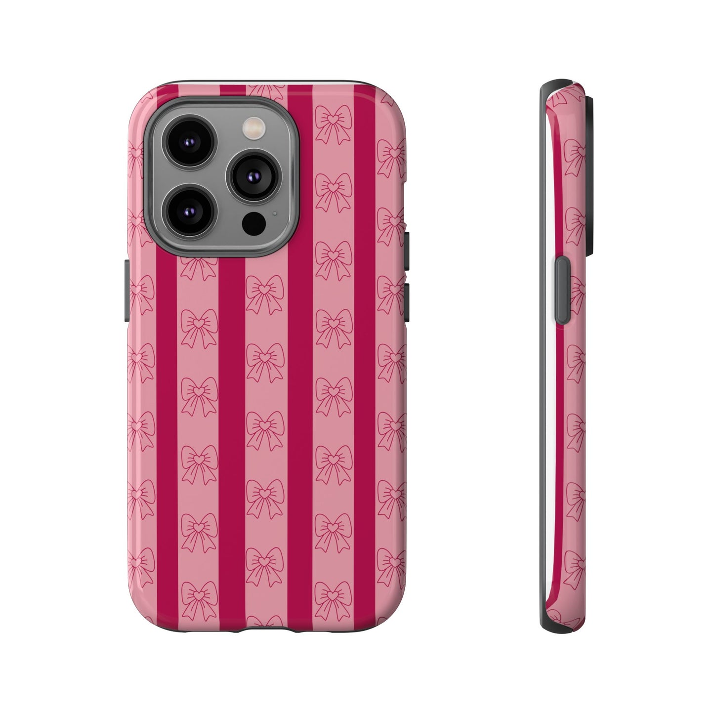 Cute Bow Phone Case, Tough Phone Cases for Girls, Pink Striped Phone Cover, Gift for Her, Trendy Mobile Accessory, Bow Pattern Case