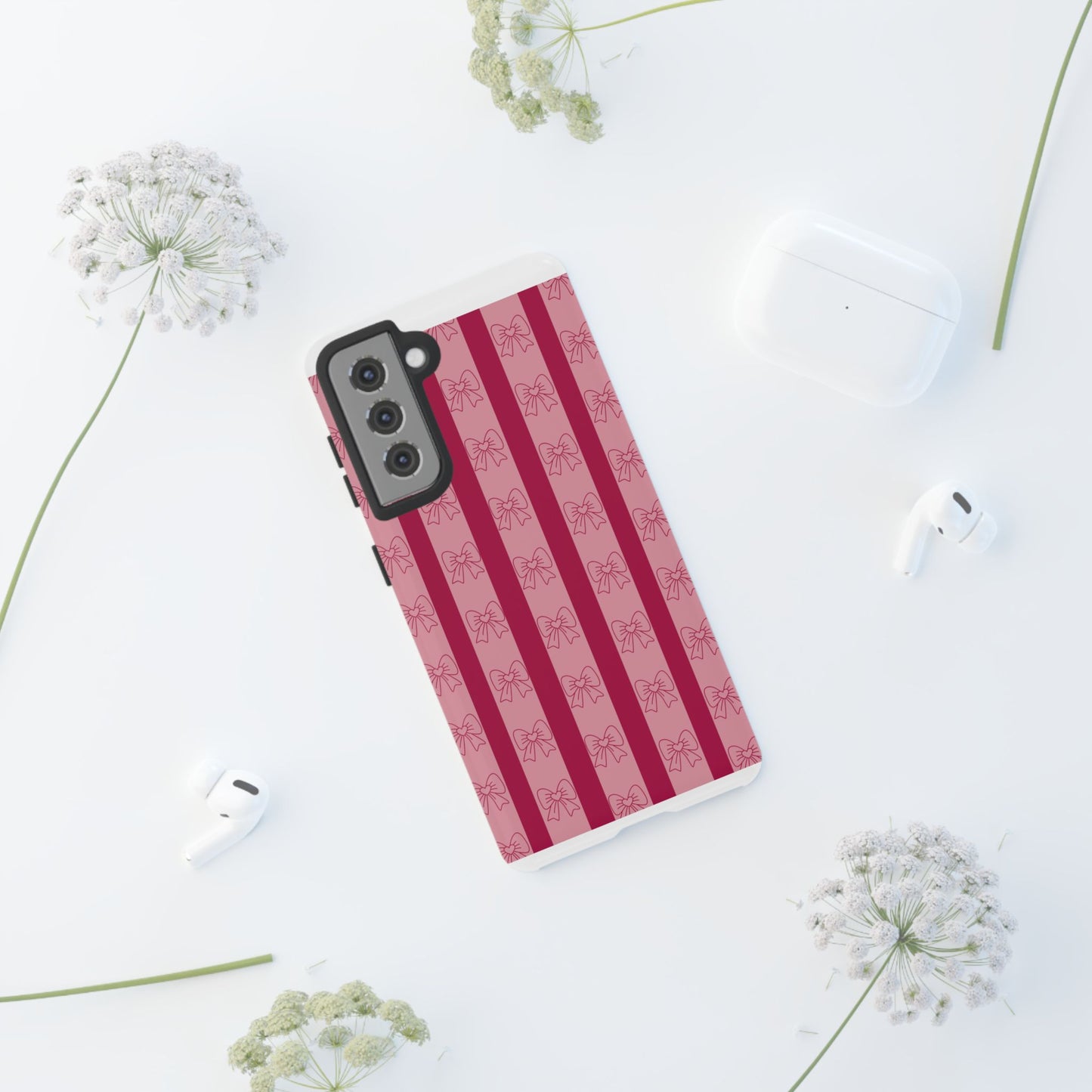 Cute Bow Phone Case, Tough Phone Cases for Girls, Pink Striped Phone Cover, Gift for Her, Trendy Mobile Accessory, Bow Pattern Case