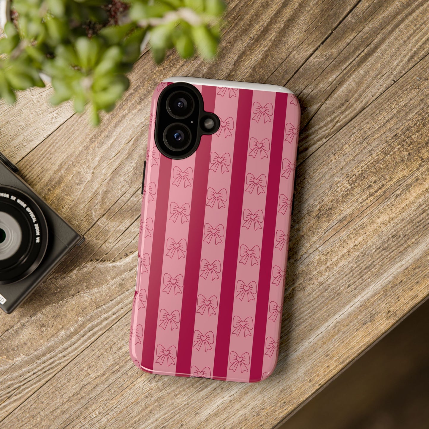 Cute Bow Phone Case, Tough Phone Cases for Girls, Pink Striped Phone Cover, Gift for Her, Trendy Mobile Accessory, Bow Pattern Case