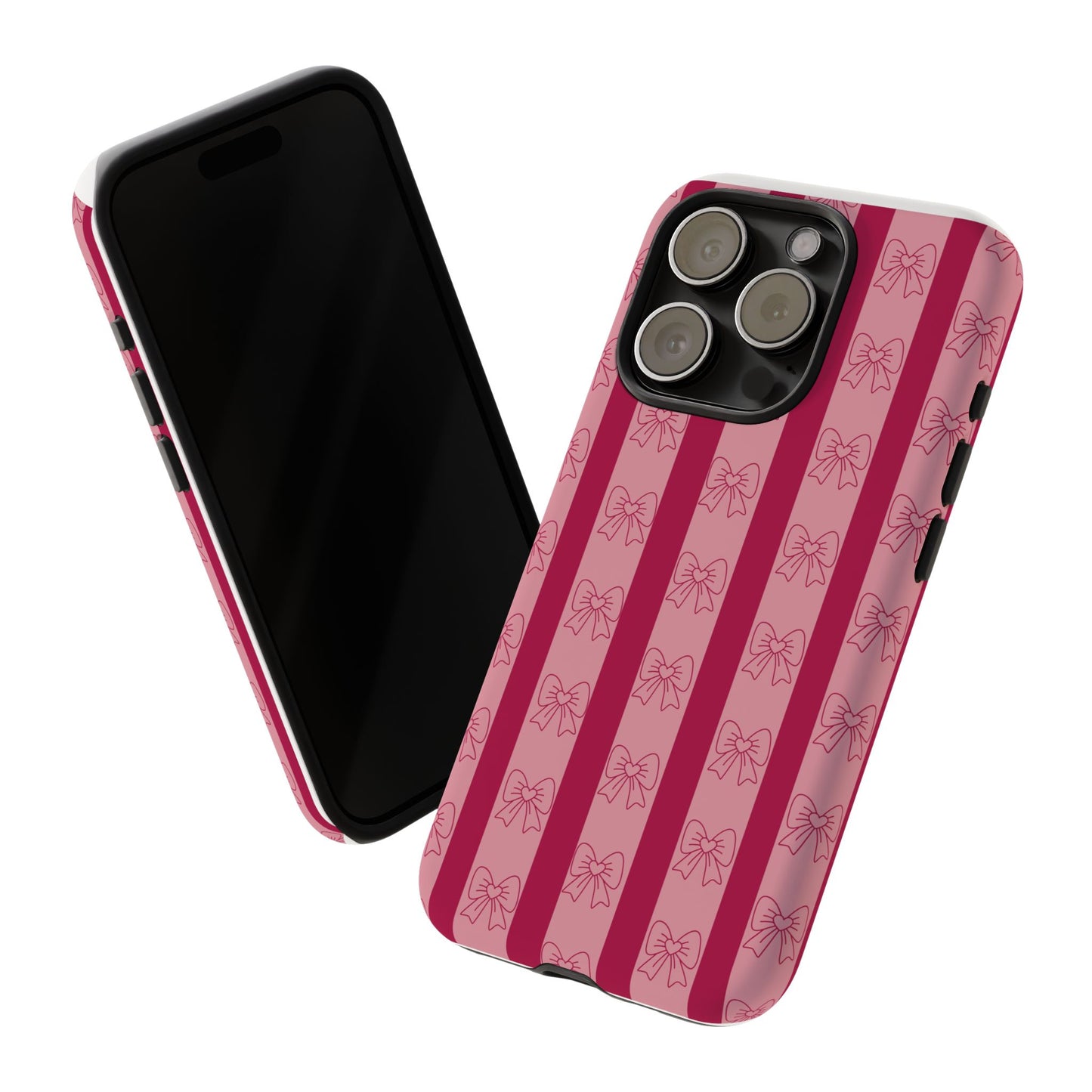 Cute Bow Phone Case, Tough Phone Cases for Girls, Pink Striped Phone Cover, Gift for Her, Trendy Mobile Accessory, Bow Pattern Case
