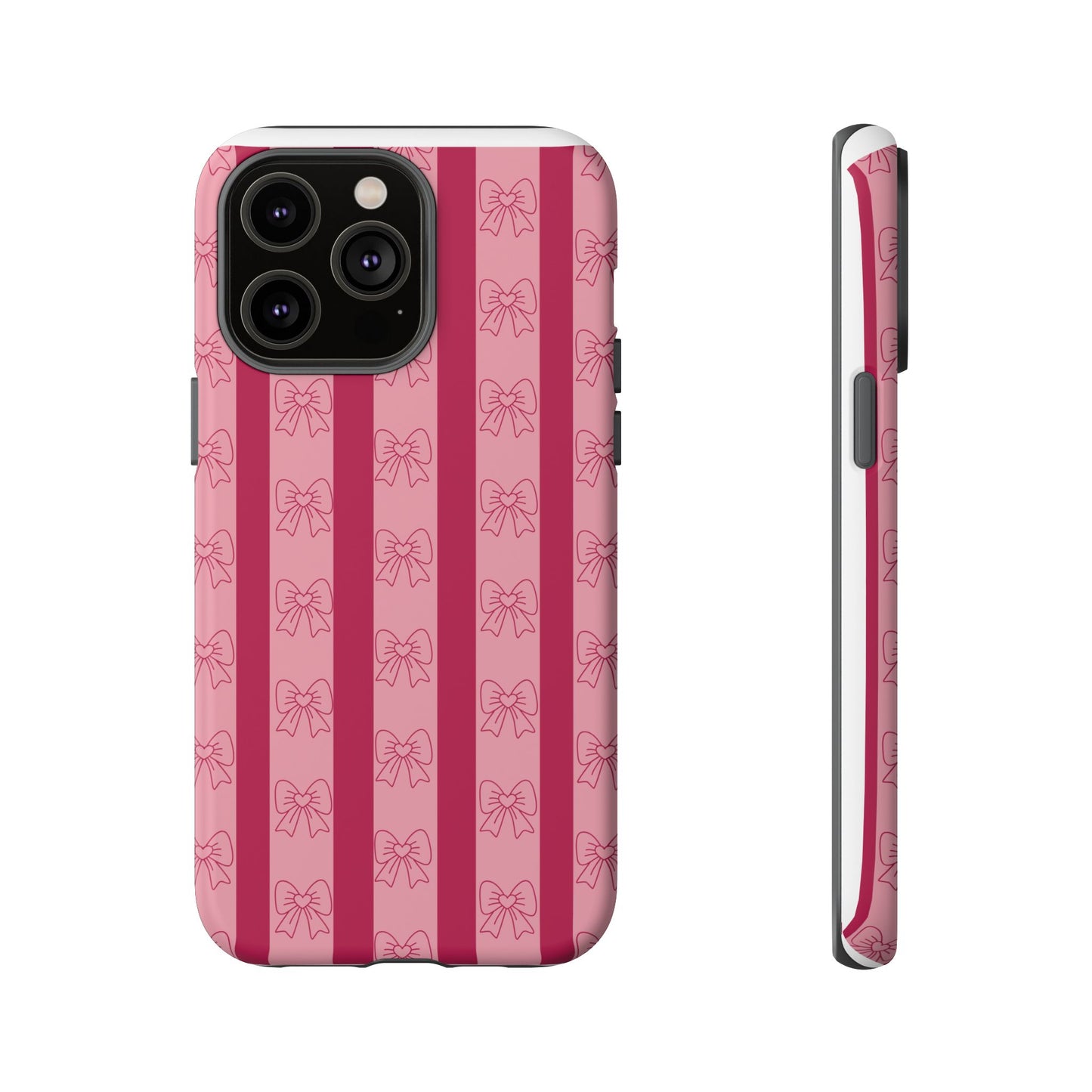 Cute Bow Phone Case, Tough Phone Cases for Girls, Pink Striped Phone Cover, Gift for Her, Trendy Mobile Accessory, Bow Pattern Case