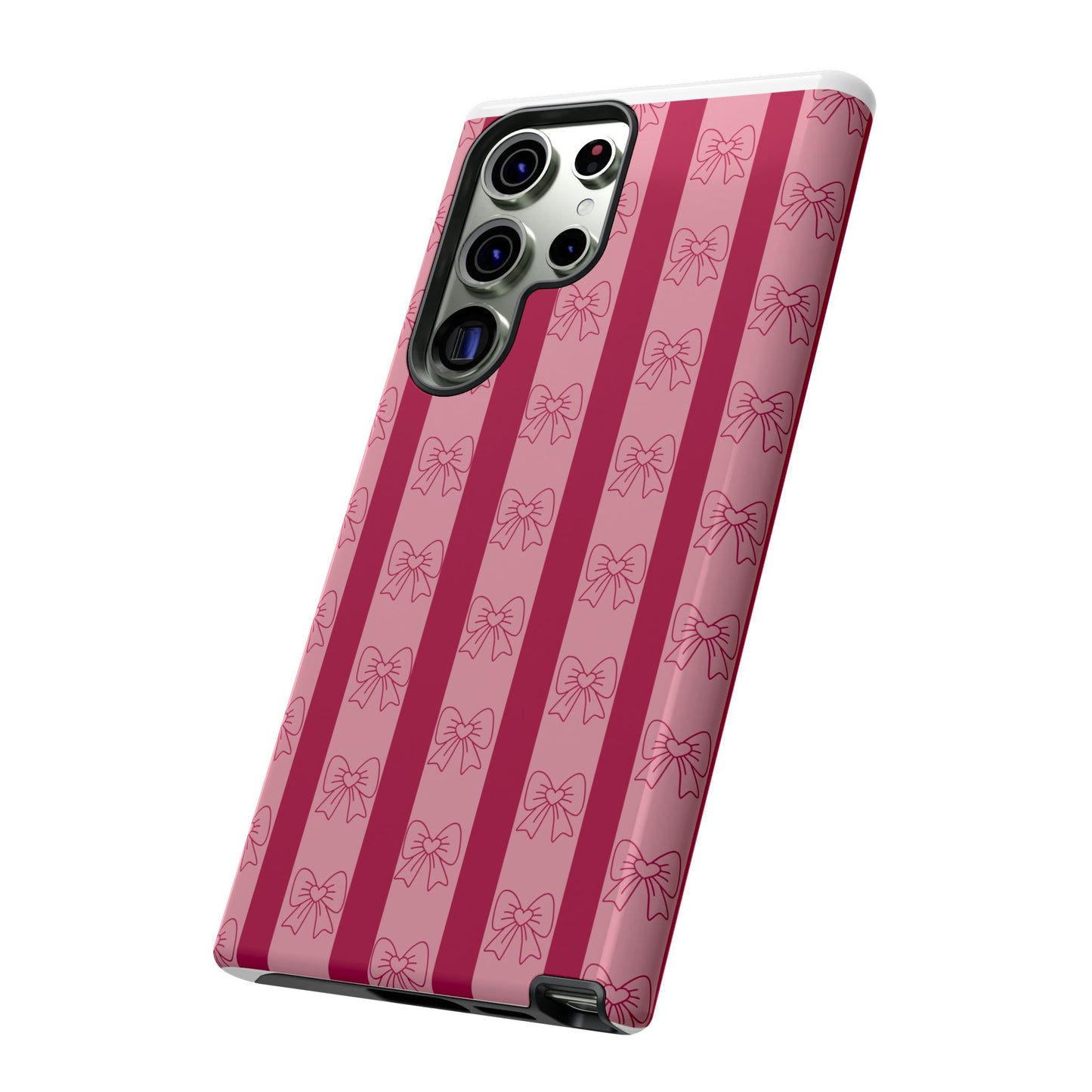 Cute Bow Phone Case, Tough Phone Cases for Girls, Pink Striped Phone Cover, Gift for Her, Trendy Mobile Accessory, Bow Pattern Case