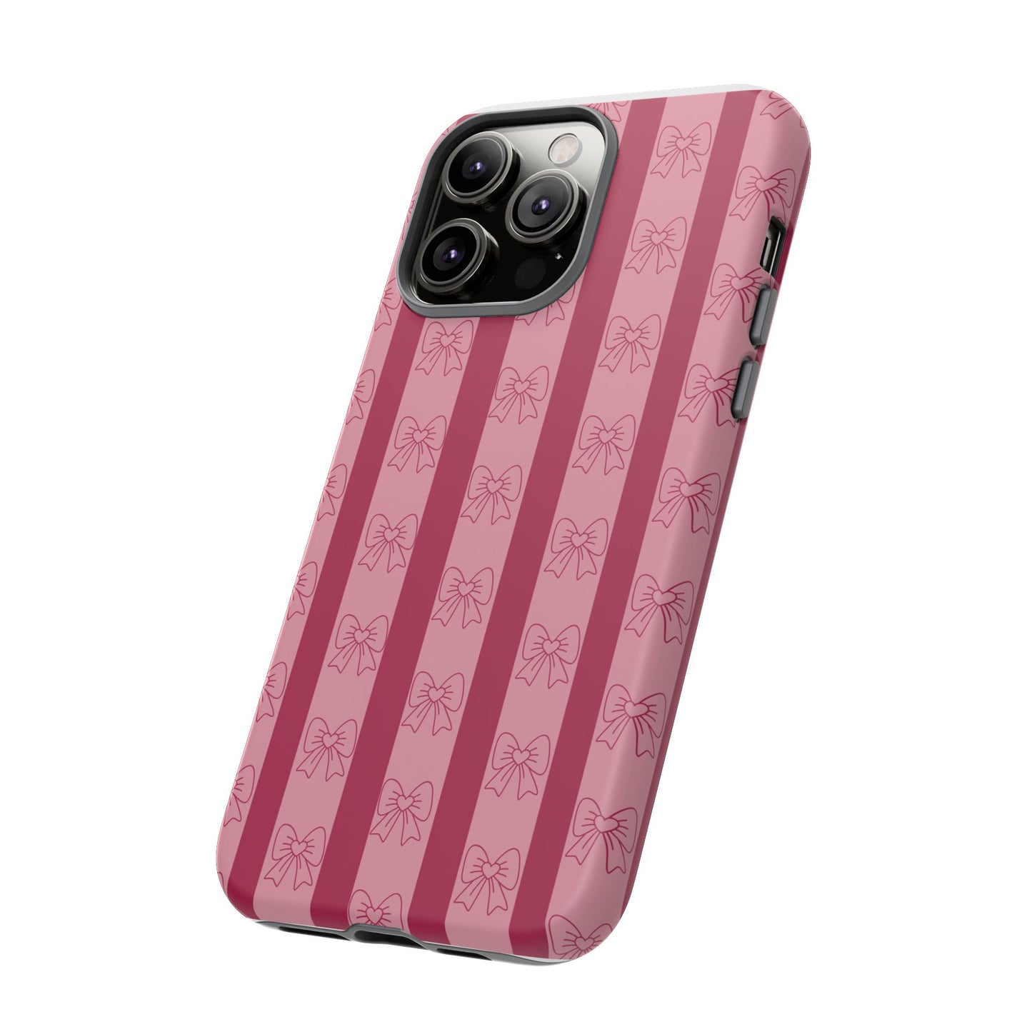 Cute Bow Phone Case, Tough Phone Cases for Girls, Pink Striped Phone Cover, Gift for Her, Trendy Mobile Accessory, Bow Pattern Case