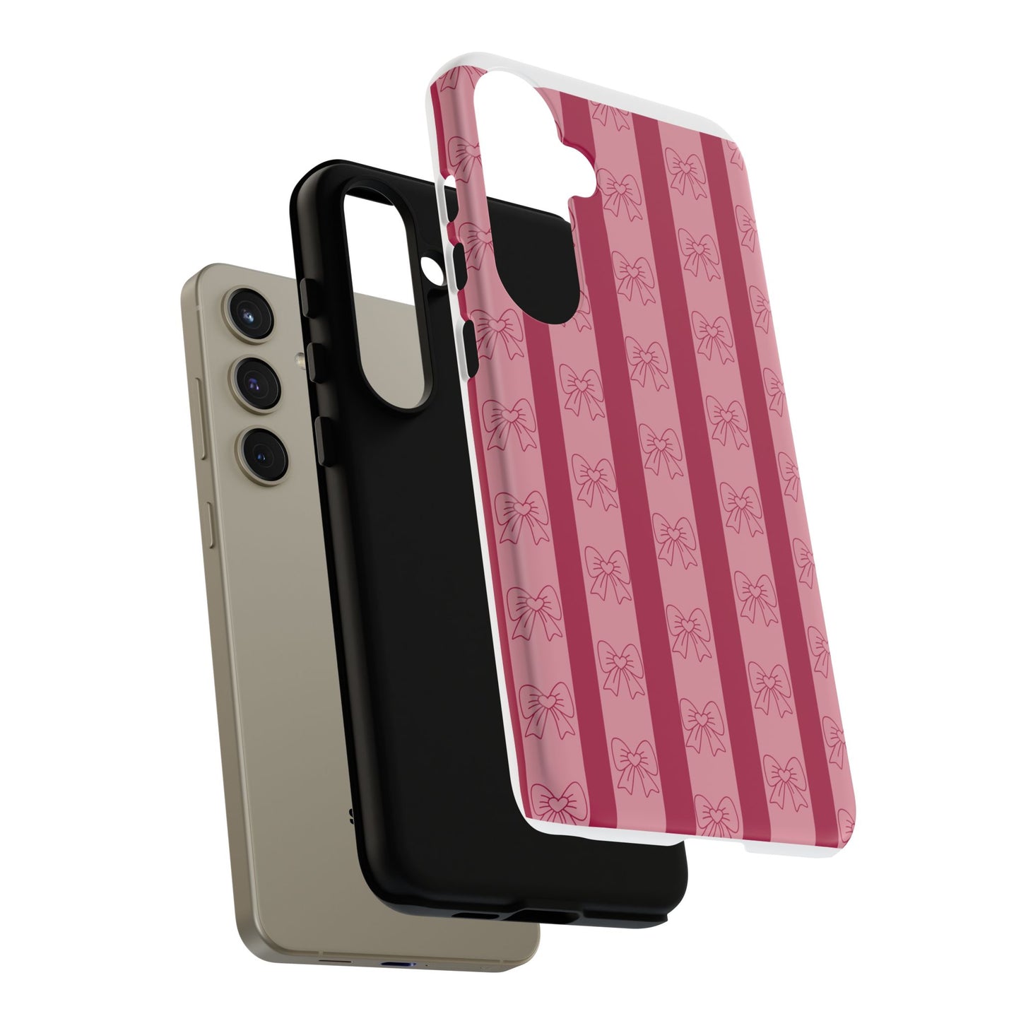 Cute Bow Phone Case, Tough Phone Cases for Girls, Pink Striped Phone Cover, Gift for Her, Trendy Mobile Accessory, Bow Pattern Case
