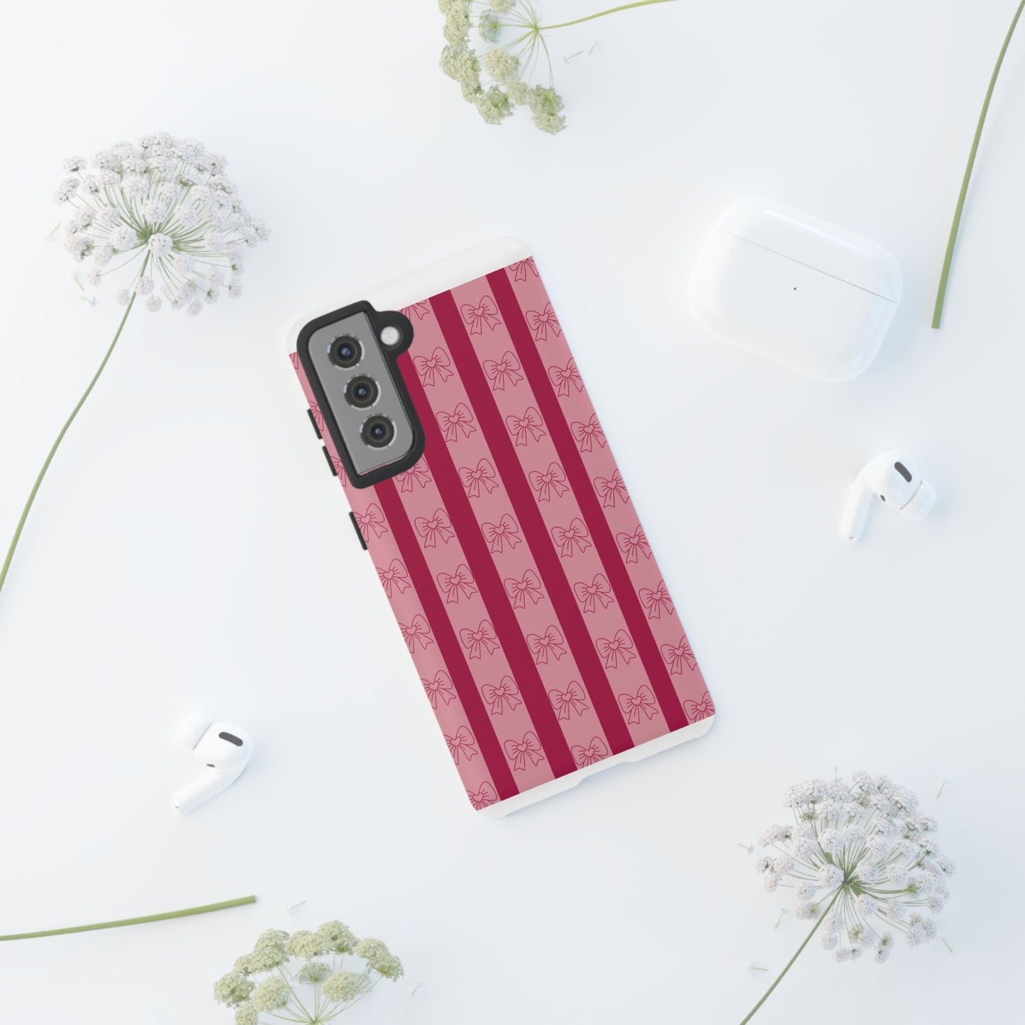 Cute Bow Phone Case, Tough Phone Cases for Girls, Pink Striped Phone Cover, Gift for Her, Trendy Mobile Accessory, Bow Pattern Case