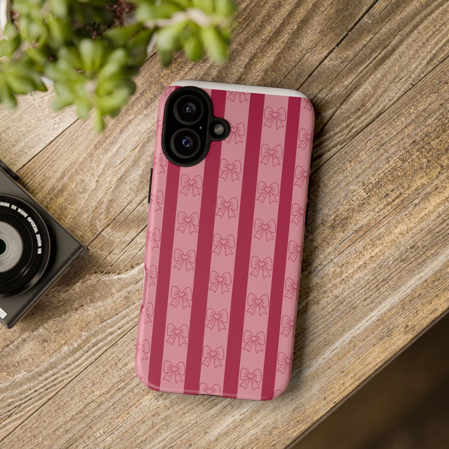 Cute Bow Phone Case, Tough Phone Cases for Girls, Pink Striped Phone Cover, Gift for Her, Trendy Mobile Accessory, Bow Pattern Case