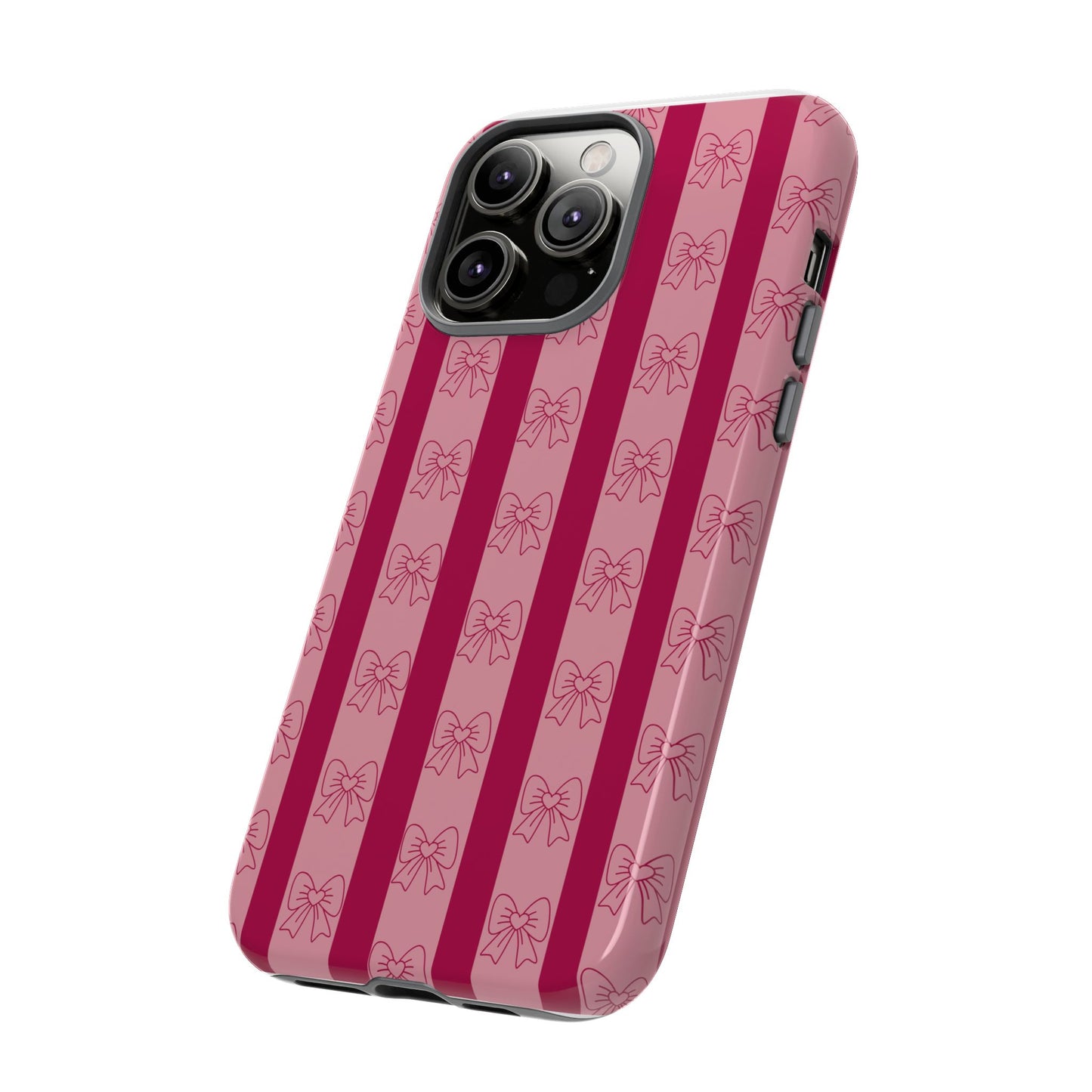 Cute Bow Phone Case, Tough Phone Cases for Girls, Pink Striped Phone Cover, Gift for Her, Trendy Mobile Accessory, Bow Pattern Case