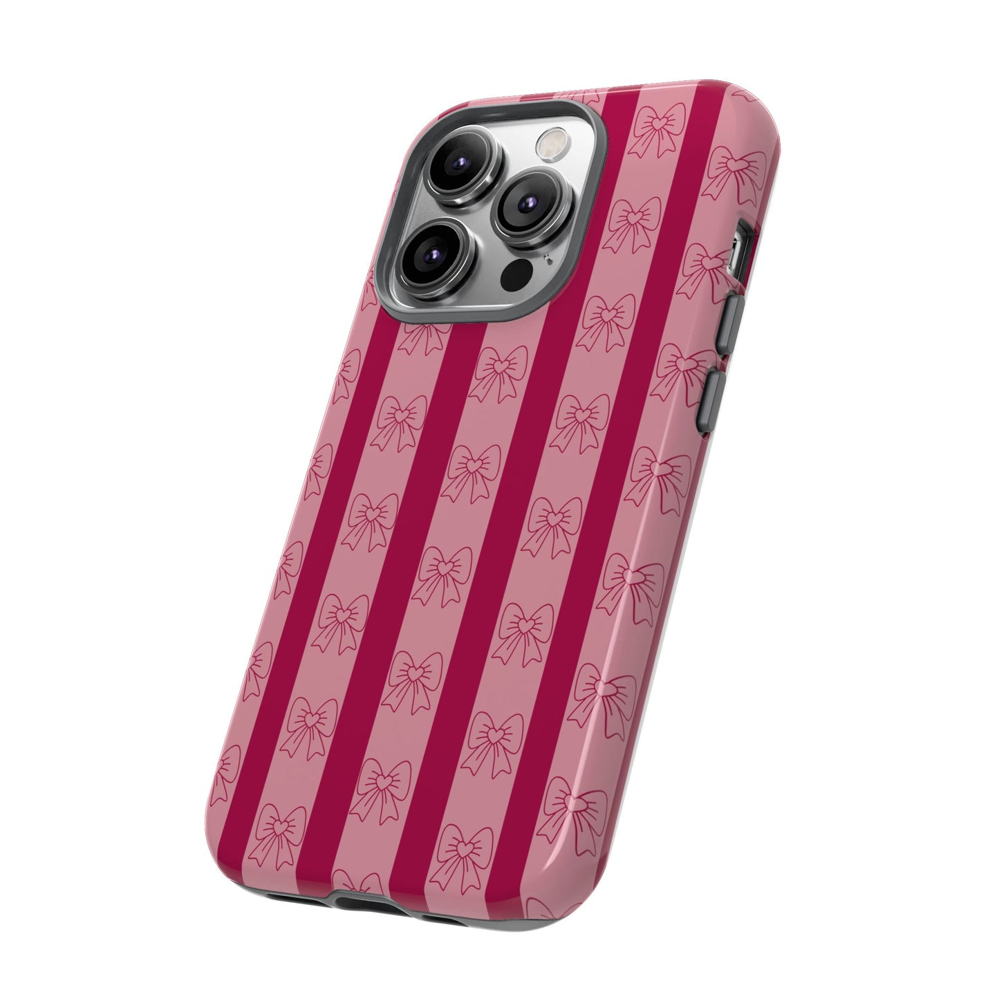 Cute Bow Phone Case, Tough Phone Cases for Girls, Pink Striped Phone Cover, Gift for Her, Trendy Mobile Accessory, Bow Pattern Case