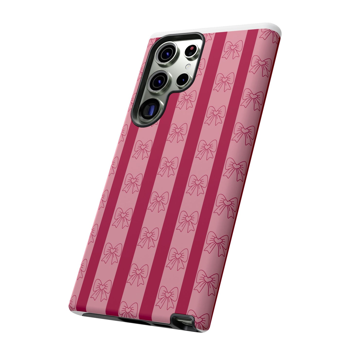 Cute Bow Phone Case, Tough Phone Cases for Girls, Pink Striped Phone Cover, Gift for Her, Trendy Mobile Accessory, Bow Pattern Case