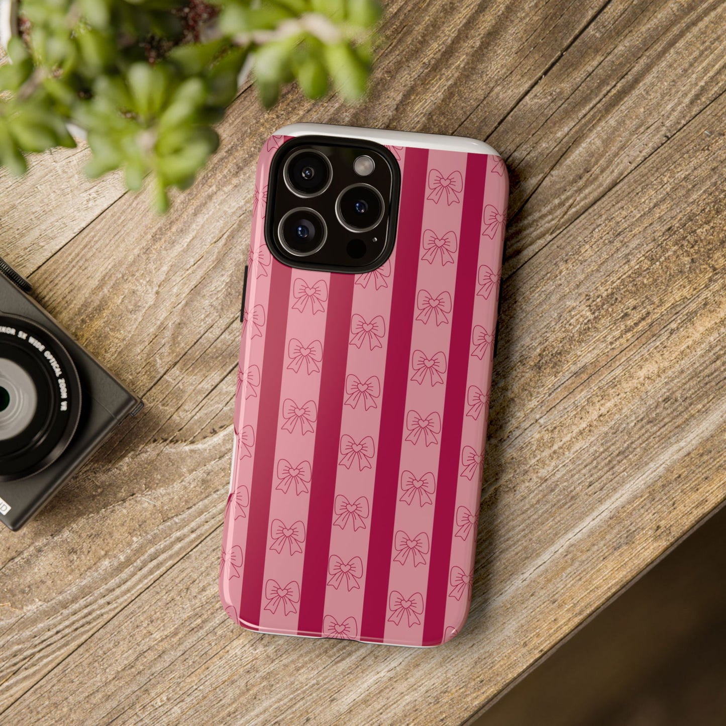 Cute Bow Phone Case, Tough Phone Cases for Girls, Pink Striped Phone Cover, Gift for Her, Trendy Mobile Accessory, Bow Pattern Case