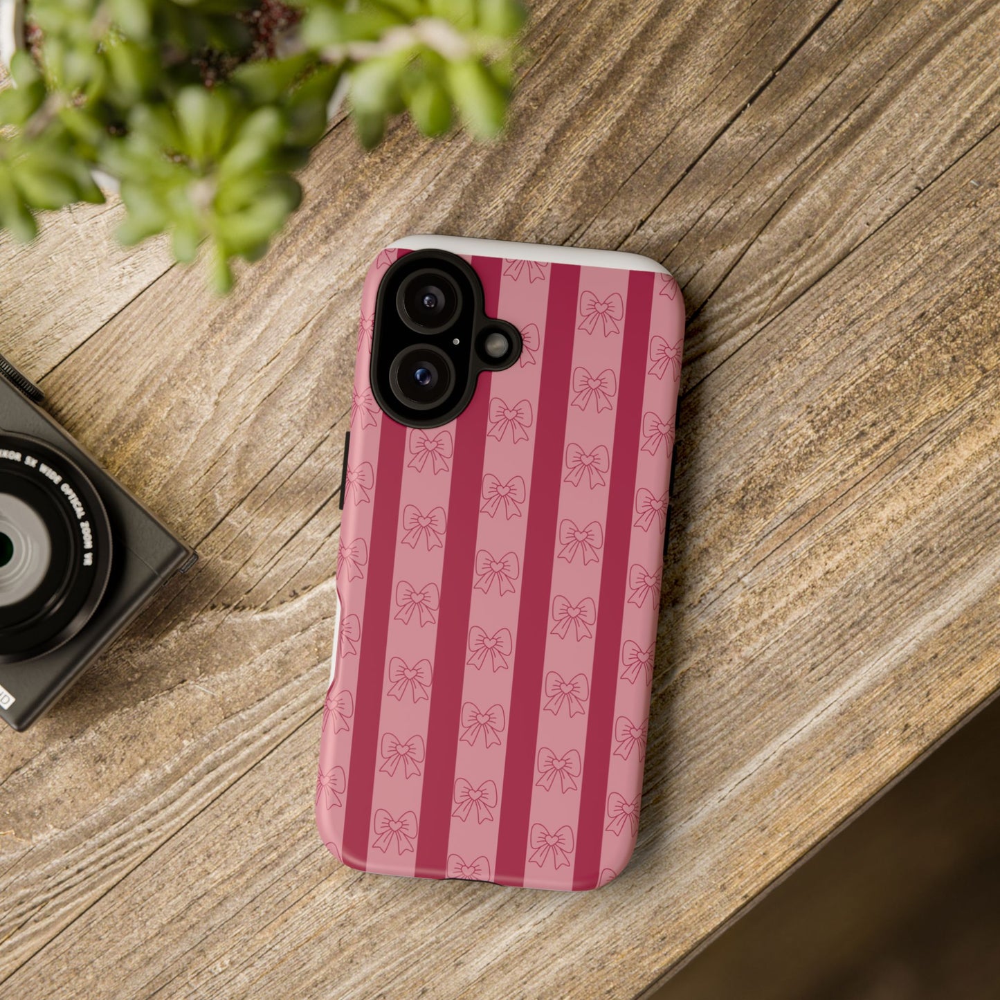 Cute Bow Phone Case, Tough Phone Cases for Girls, Pink Striped Phone Cover, Gift for Her, Trendy Mobile Accessory, Bow Pattern Case