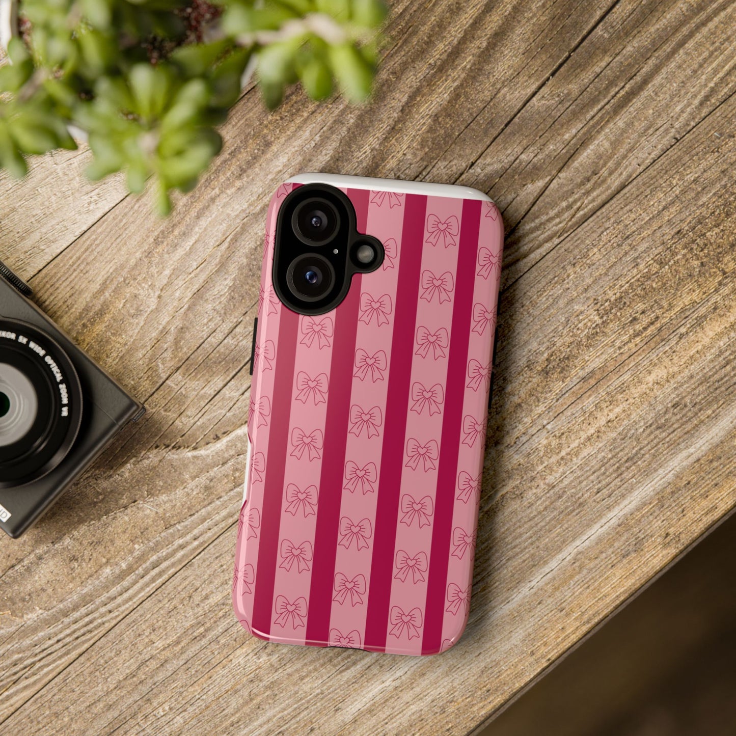 Cute Bow Phone Case, Tough Phone Cases for Girls, Pink Striped Phone Cover, Gift for Her, Trendy Mobile Accessory, Bow Pattern Case