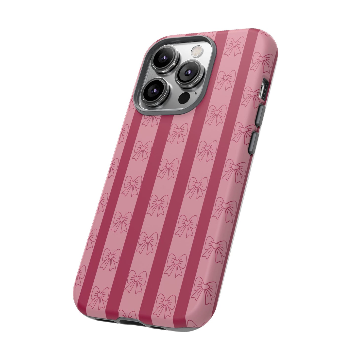 Cute Bow Phone Case, Tough Phone Cases for Girls, Pink Striped Phone Cover, Gift for Her, Trendy Mobile Accessory, Bow Pattern Case