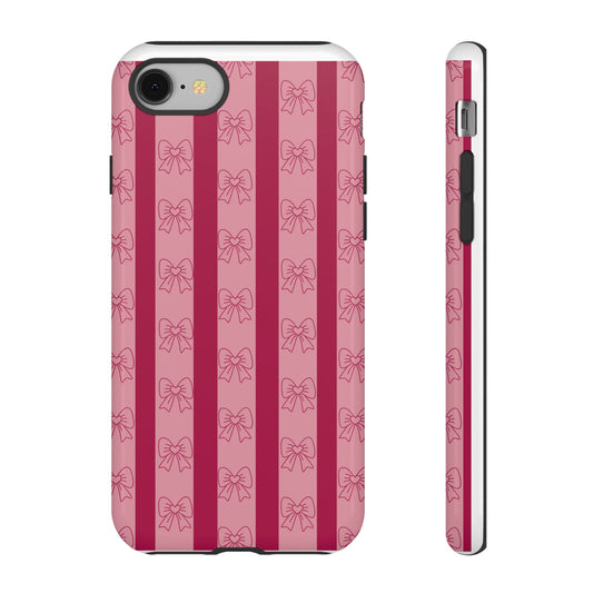 Cute Bow Phone Case, Tough Phone Cases for Girls, Pink Striped Phone Cover, Gift for Her, Trendy Mobile Accessory, Bow Pattern Case