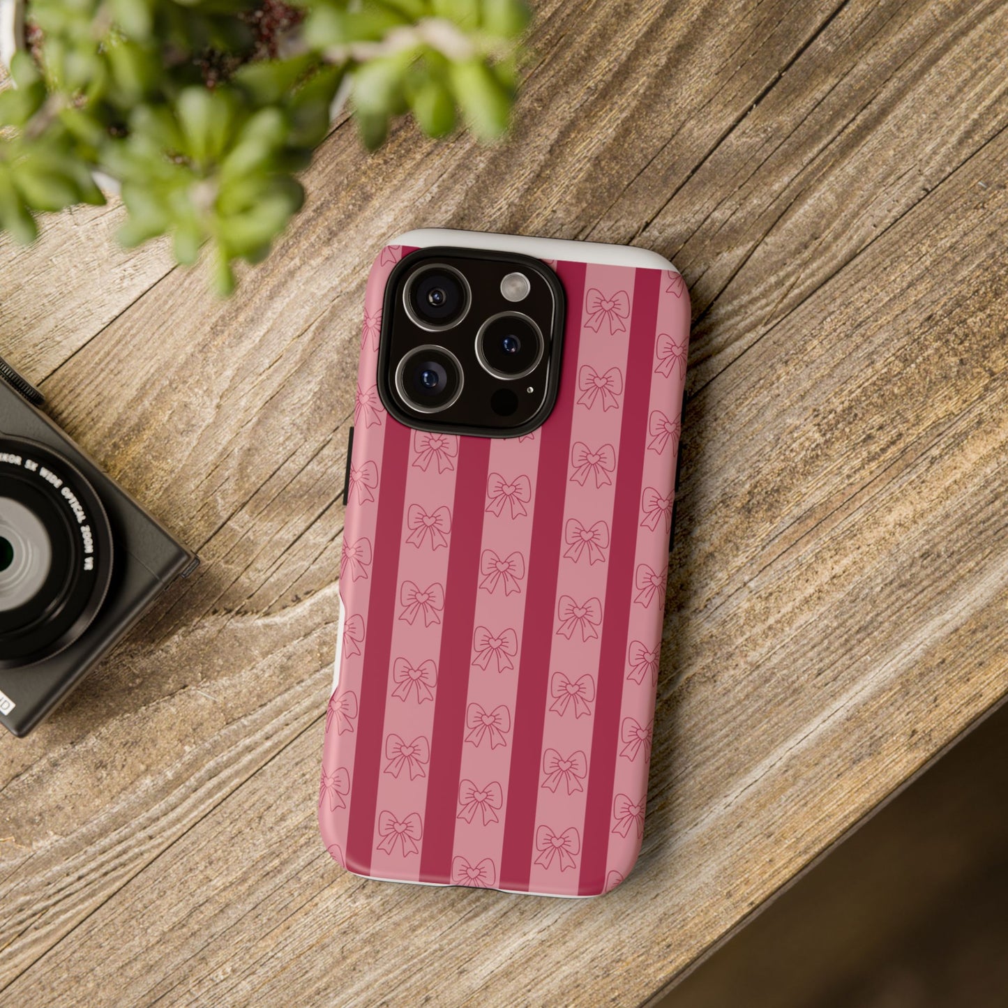 Cute Bow Phone Case, Tough Phone Cases for Girls, Pink Striped Phone Cover, Gift for Her, Trendy Mobile Accessory, Bow Pattern Case